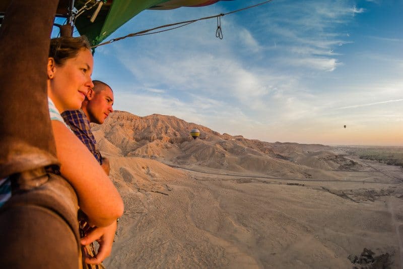 Lina and David Stock (America's Adventure Travel Couple) in a Hot Air Balloon over Luxor Egypt