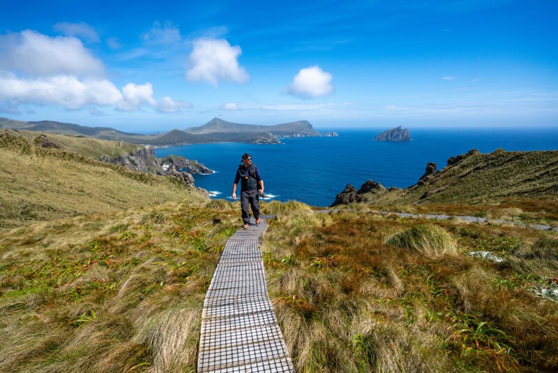 David Stock hiking at Campbell Island, Subantarctic New Zealand