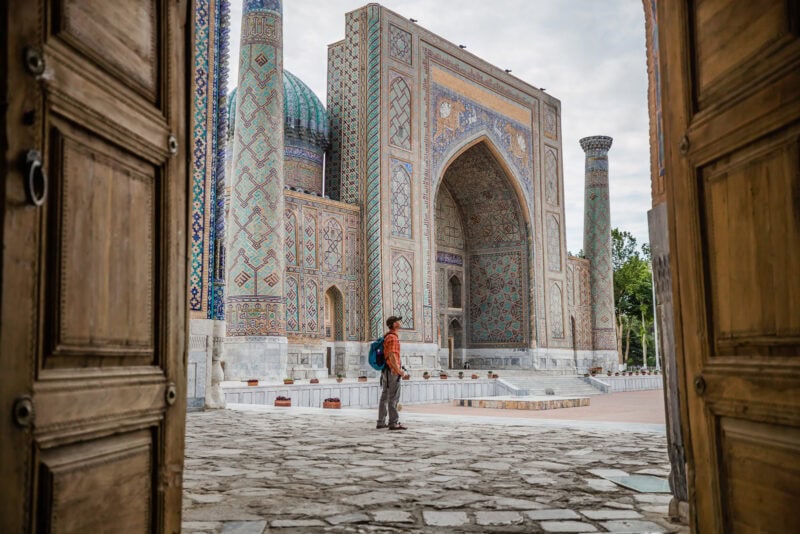 David Stock at Registan Square in Samarkand, Uzbekistan