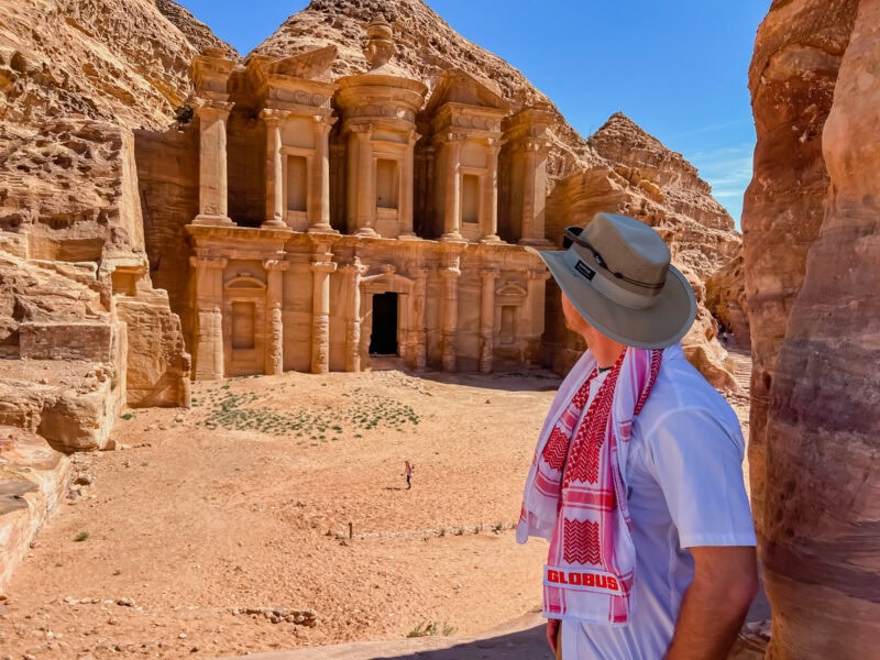 David Stock looking at the monastery in Petra, Jordan